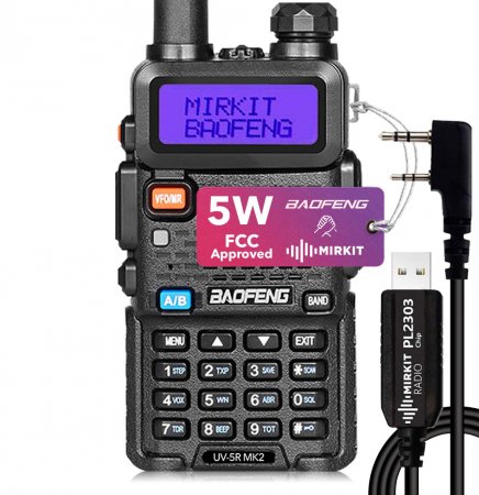 Baofeng UV-5R MK2 FCC Approved 5 Watt 2021 Handheld Dual Band Ham Radio, Mirkit Edition USA Warranty + Programming cable Mirkit pl2303 and free Software
